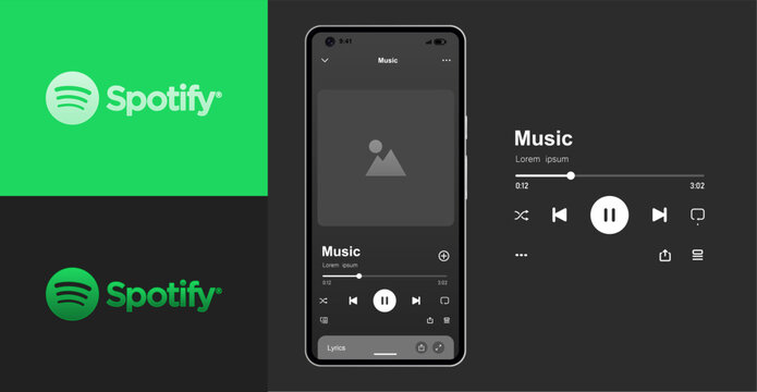 Spotify music app mockup, mobile UI template, vector smartphone screen, music player interface, mobile phone mockup, editable design, realistic illustration, streaming service UI.