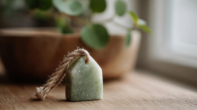 Small green soap bar tied with twine on a wooden surface. the soap bar is rectangular in shape and appears to be made of a smooth, polished material.