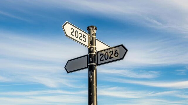 2026 leadership business goals finance new year signpost future planning street direction concept driven ambition optimism pointing to 2025 and 2026 against blue sky optimistic future planning