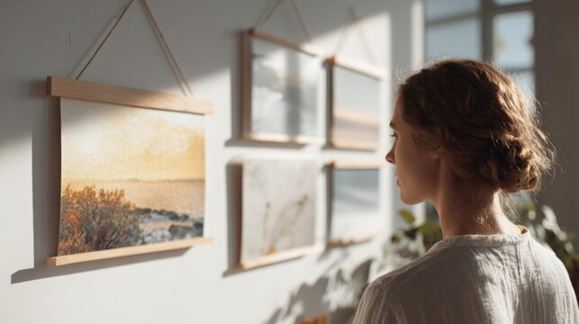 Young woman standing in front of a wall with several framed photographs hanging on it. the photographs are arranged in a row and are hanging on the wall with wooden frames.