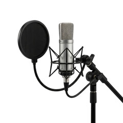 Professional recording microphone with pop filter capturing clear audio in the studio setting