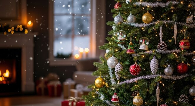 Beautiful Christmas Tree Decorated with Ornaments and Twinkling Lights, with Snowflakes Falling Outside a Window.