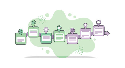 A colorful illustration depicts a business process or project roadmap, with steps marked by location pins and text boxes, on a white background.