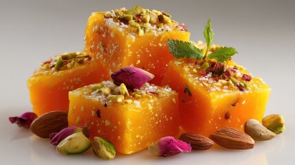 Colorful Indian Sweets Garnished with Nuts and Edible Flowers on a Reflective Surface