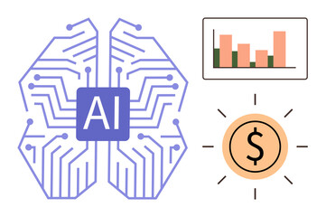 AI brain with circuit lines, bar graph illustrating data trends, and dollar sign representing financial growth. Ideal for technology, innovation, finance, automation, data analysis, business