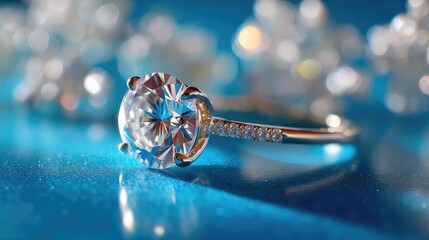 Elegant Diamond Ring with Brilliant Cut on Sparkling Blue Background, Showcasing Luxury and Glamour in Jewelry Design