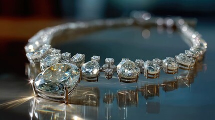 Elegant Luxury Diamond Necklace Displayed on Reflective Surface with Sparkling Crystal Accents