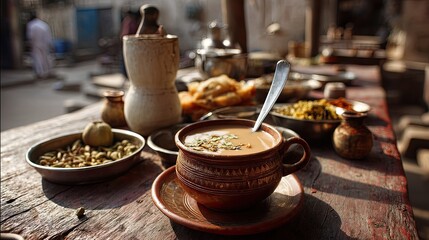 Traditional Clay Cup of Tea Surrounded by Spices and Snacks on Rustic Wooden Table in Outdoor Setting