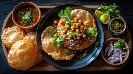 Colorful Indian Snack Platter Featuring Crispy Puri with Spiced Chickpeas, Fresh Herbs, and Accompaniments on Wooden Tray