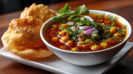 Delicious bowl of vibrant chickpea curry with crispy bread and fresh herbs on wooden table