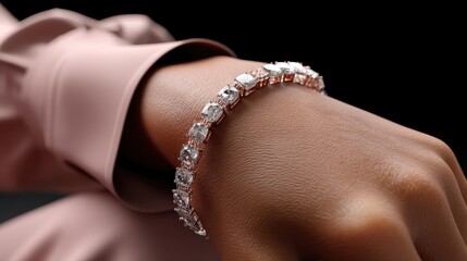 Elegant Close-Up of a Hand Wearing a Stunning Crystal Bracelet on a Dark Background with Fashionable Pink Sleeve