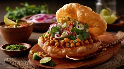 Crispy Indian Snack with Chickpeas, Fresh Vegetables, and Herbs Served on Wooden Platter in Rustic Setting