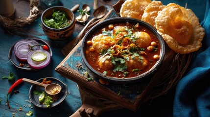 Delicious Traditional Indian Dish with Crispy Puri and Flavorful Curry in Vibrant Setting
