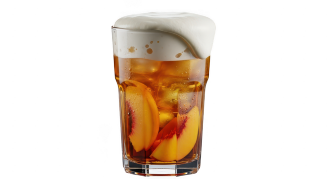 Refreshing peach iced tea with foam isolated on transparent background a delightful blend of sweet peach, cool ice, and frothy foam, perfect for a hot day or a relaxing afternoon