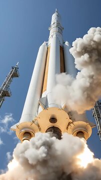 Powerful Rocket Launch Blast Off From Launch Pad With Bright Flames