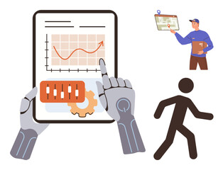 Robotic hands holding a tablet with growth charts, lever controls, and gear icon. Courier tracking a delivery on a screen, walking human icon. Ideal for innovation, automation, logistics, AI
