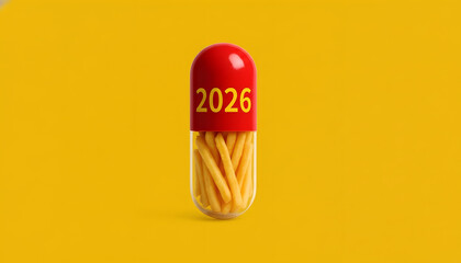Capsule with the year 2026 on a yellow background for medical concept