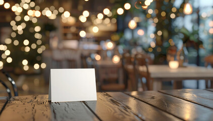 Empty white card on a rustic wooden table with warm holiday bokeh lights and a blurred Christmas tree in the cafe background, perfect for holiday messages or menu mockup