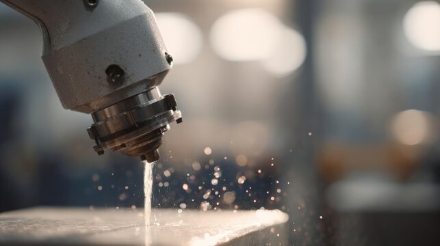 Close-up of a cnc (computer numerical control) machine cutting a piece of metal. the machine is grey in color and has a cylindrical shape with a nozzle at the end.