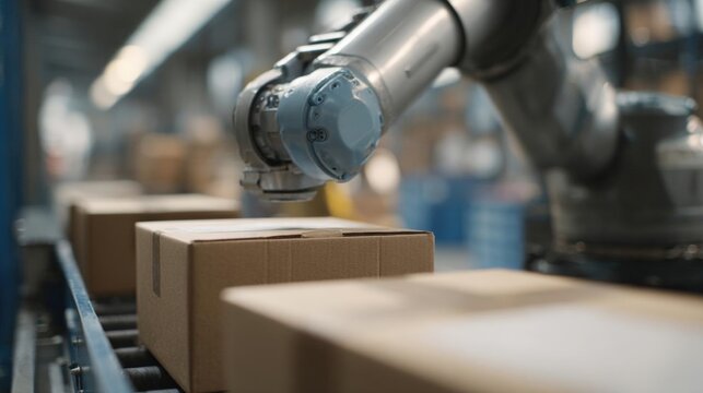 Robotic arm in a warehouse. the arm is silver in color and has a blue button on it. it is attached to a conveyor belt that runs along the bottom of the image.