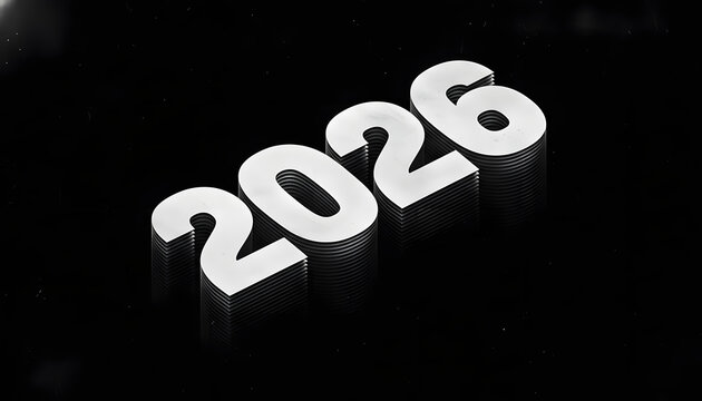 The year 2026 in silver metal on a black background for a futuristic look
