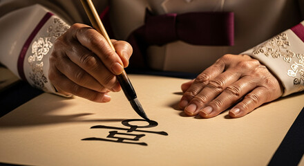 A person dressed in traditional attire practices East Asian calligraphy on a cream paper scroll with a brush under warm light.
