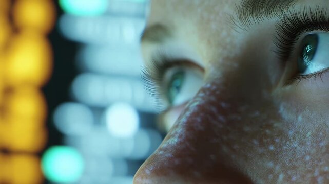 Close-up view of a person with striking blue eyes staring at illuminated screens. The face displays a mix of wonder and focus, enhanced by pixelated reflections.