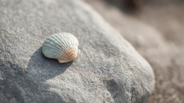 Close-up of a small seashell resting on a gray rock. the shell is light blue in color and has a scalloped edge. it appears to be a type of conch shell, with a pointed tip and a flat base.