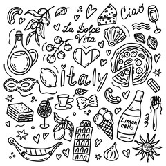 Hand drawn Italy travel doodle set with iconic symbols