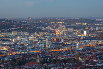 Abendblick vom Haigst auf die leuchtende Innenstadt von Stuttgart Deutschland