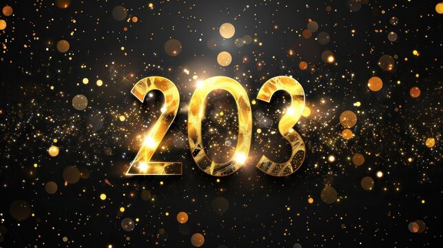 Glittering number 203 against a dark background with bokeh effect