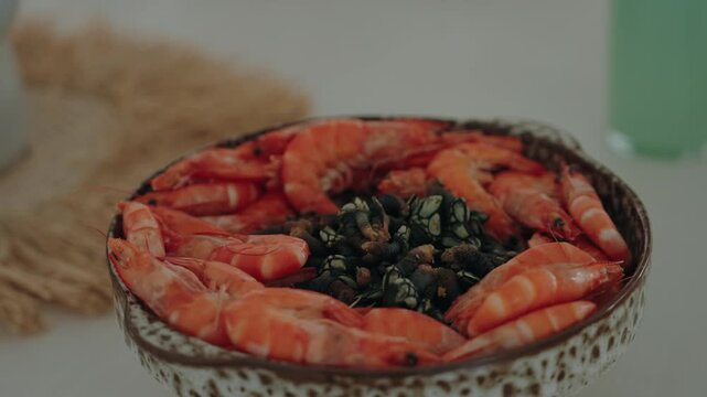 seafood bowl filled with prawns and percebes
