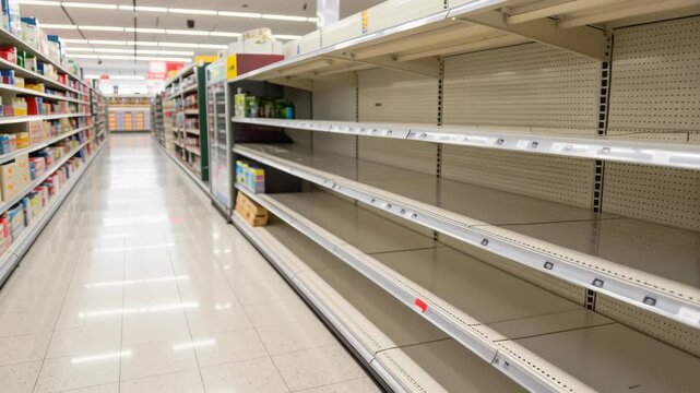 Empty supermarket shelves and bare aisle in fluorescent light highlight product scarcity and retail shortage as anxious shoppers search grocery store shelves for essentials amid consumer spending drop