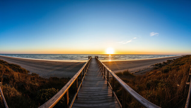 Wooden boardwalk leading to the ocean at sunset with a beautiful sky