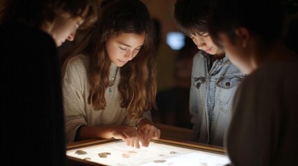 Fototapeta premium Group of four young children, two boys and two girls, gathered around a table in a dimly lit room. they are looking intently at a small display screen that is placed on the table.