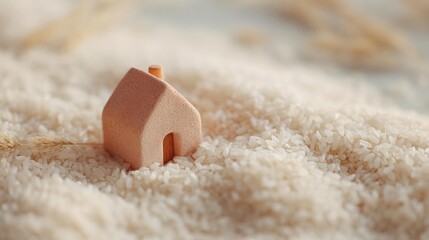 Small toy house made of clay or porcelain, placed on top of a bed of white rice. the house has a triangular shape with a pointed roof and a small chimney on top.