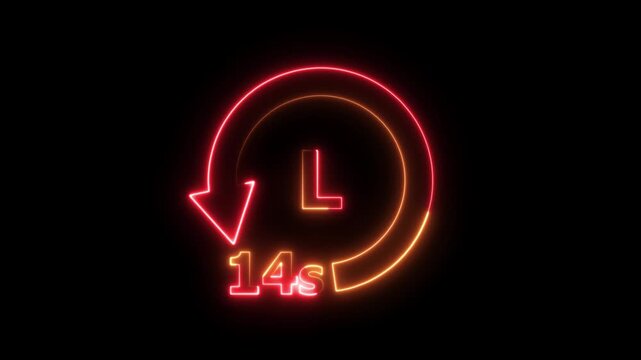 14 Seconds countdown Timer with neon line refreshing arrow , Countdown from 14 seconds to 0 second. 14 minutes stopwatch icon. Stopwatch icon in flat style. Motion graphics.