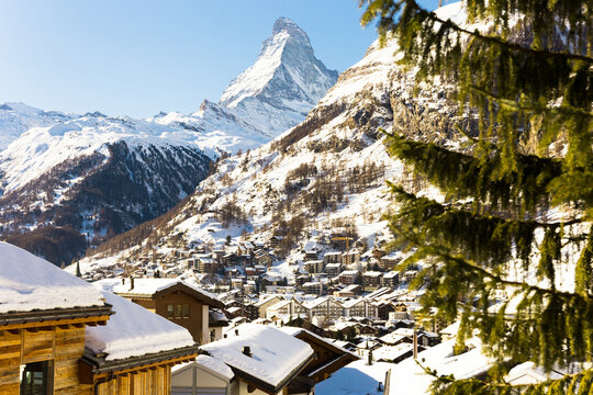 Snowy mountain Matterhorn during the day in winter. Zermatt, swiss alps