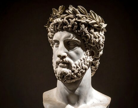 A classical marble bust presents a regal man. He has curly hair, a beard, and wears a laurel wreath on his head