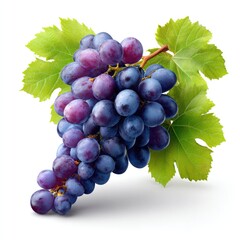 Fresh purple grapes with green leaves on white background for healthy eating and decoration