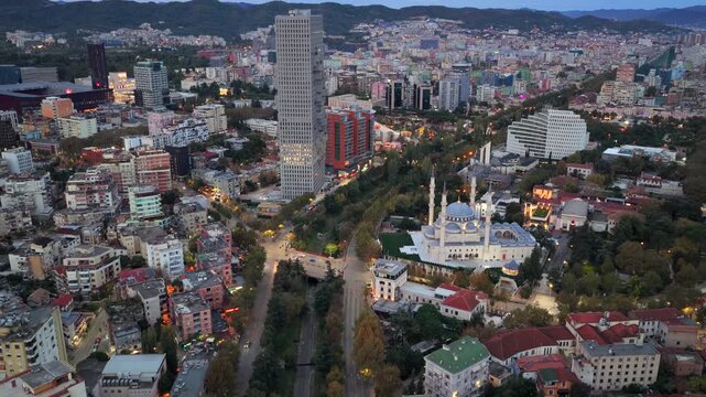 tirana, albania, aerial video, tirana skyline, tirana cityscape, lana river, morning, dawn, downtown one tower, morning light, autumn, aerial, cityscape, skyline, capital city, modern architecture, ur