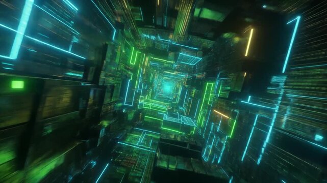 Immersive journey through a futuristic digital data tunnel with glowing green and blue circuit lines representing the speed of technology