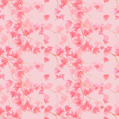Hand drawn watercolor maple branch with red leaves seamless pattern. Illustration of tree isolated on pink background. Can be used for textile fabric scrapbook and other printed products.
