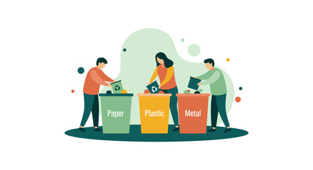 A diverse group of people actively sorting waste into designated recycling bins, promoting environmental responsibility and sustainability efforts.