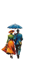 strolling vintage couple with umbrella backside vector painting ornament with white area for insertion