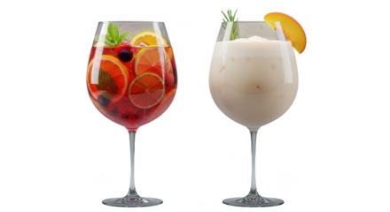 Two refreshing cocktails isolated on transparent background, one vibrant red with mixed fruits and herbs, the other creamy white with an orange slice, perfect for a summer celebration