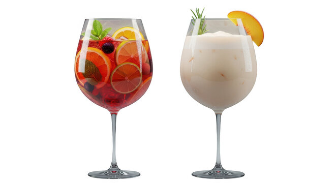 Two refreshing cocktails isolated on transparent background, one vibrant red with mixed fruits and herbs, the other creamy white with an orange slice, perfect for a summer celebration