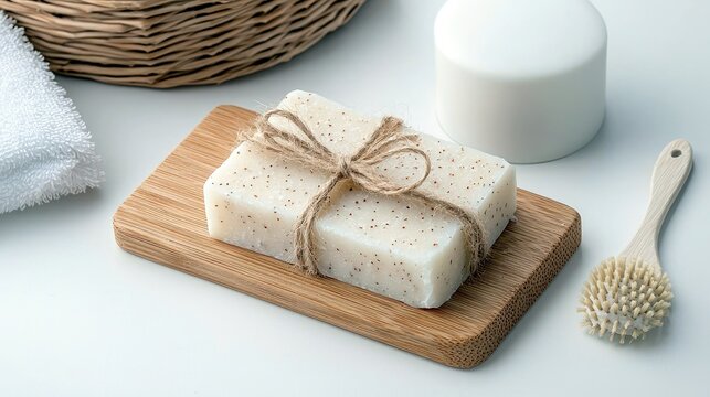 A close-up shot of a bar of exfoliating soap on a wooden dish, with a fluffy white towel and a small wooden brush nearby.