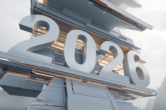 2026: An architecturally stunning rendering of the number 2026 emerges against a backdrop of futuristic structural designs, projecting an aura of innovation and forward-thinking.