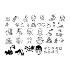 Wash hands silhouette Use sanitizer icon Wear mask silhouette Germ danger symbol Healthy lifestyle icons